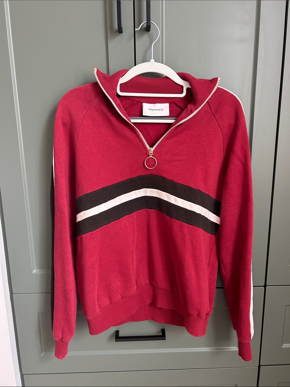 Women’s Half-Zip Sweater in Deep Red with Contrast Stripes
